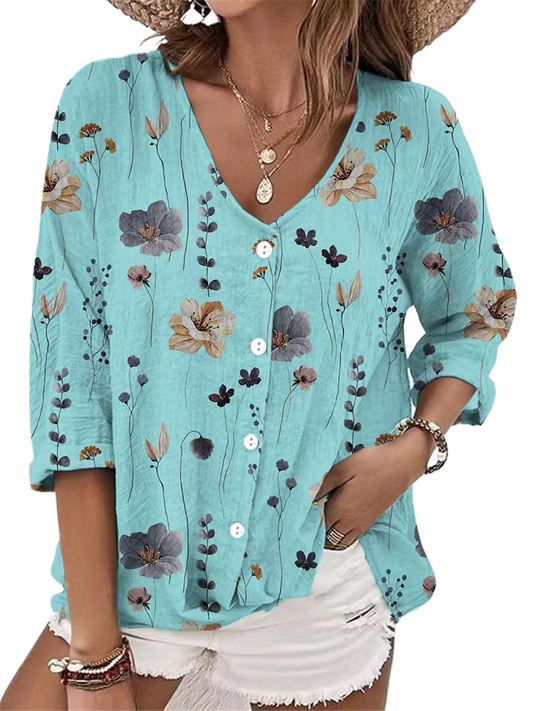 V-neck button chiffon printed cardigan long sleeve