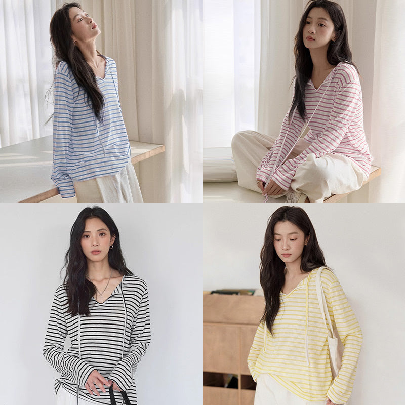 V-Neck Drawstring Striped T-Shirt
