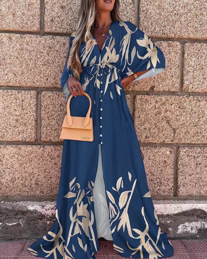 V-Neck Floral Print Dress with Tie Detail