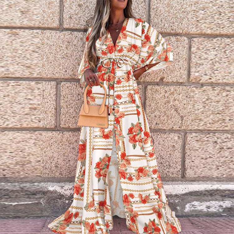 V-Neck Floral Print Dress with Tie Detail