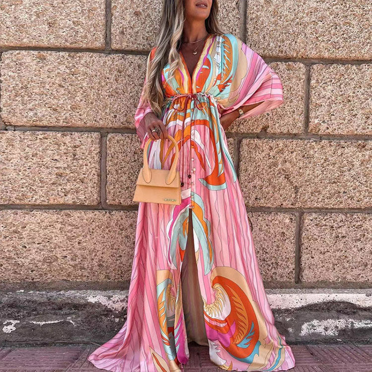 V-Neck Floral Print Dress with Tie Detail