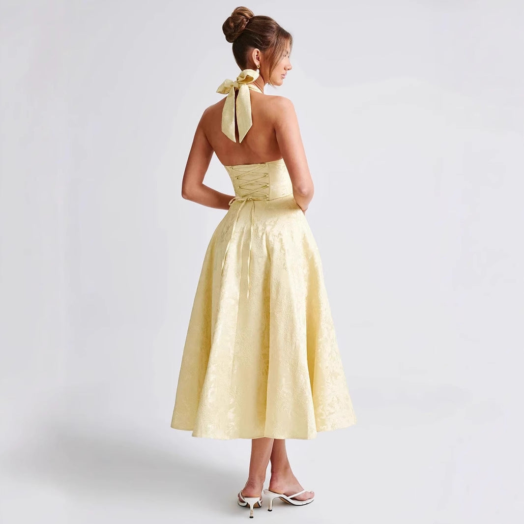 V Neck Halter Jacquard Maxi Dress Waist Cinching French Retro Vacation Style