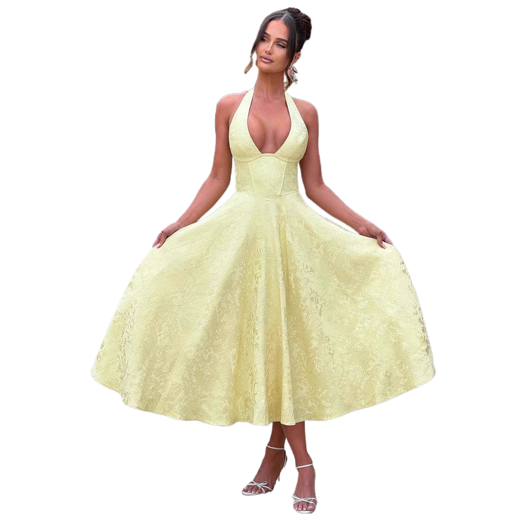 V Neck Halter Jacquard Maxi Dress Waist Cinching French Retro Vacation Style