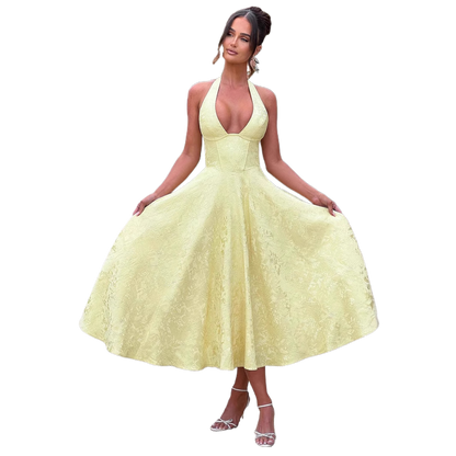 V Neck Halter Jacquard Maxi Dress Waist Cinching French Retro Vacation Style