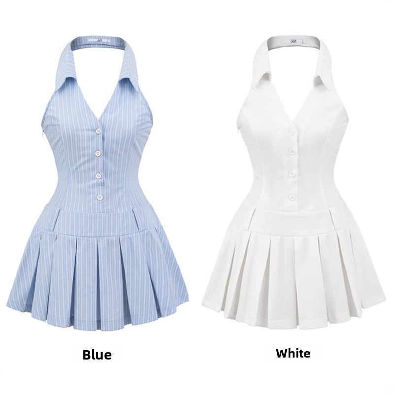 V-Neck Halter Waist-Cinching French Pleated Dress