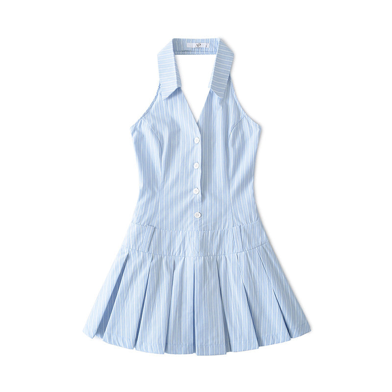 V-Neck Halter Waist-Cinching French Pleated Dress