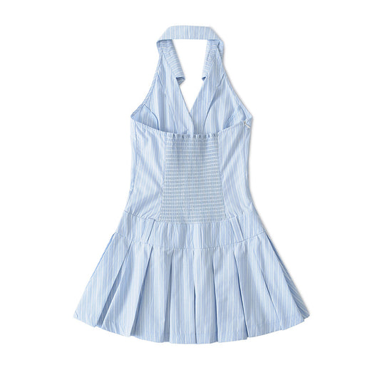 V-Neck Halter Waist-Cinching French Pleated Dress