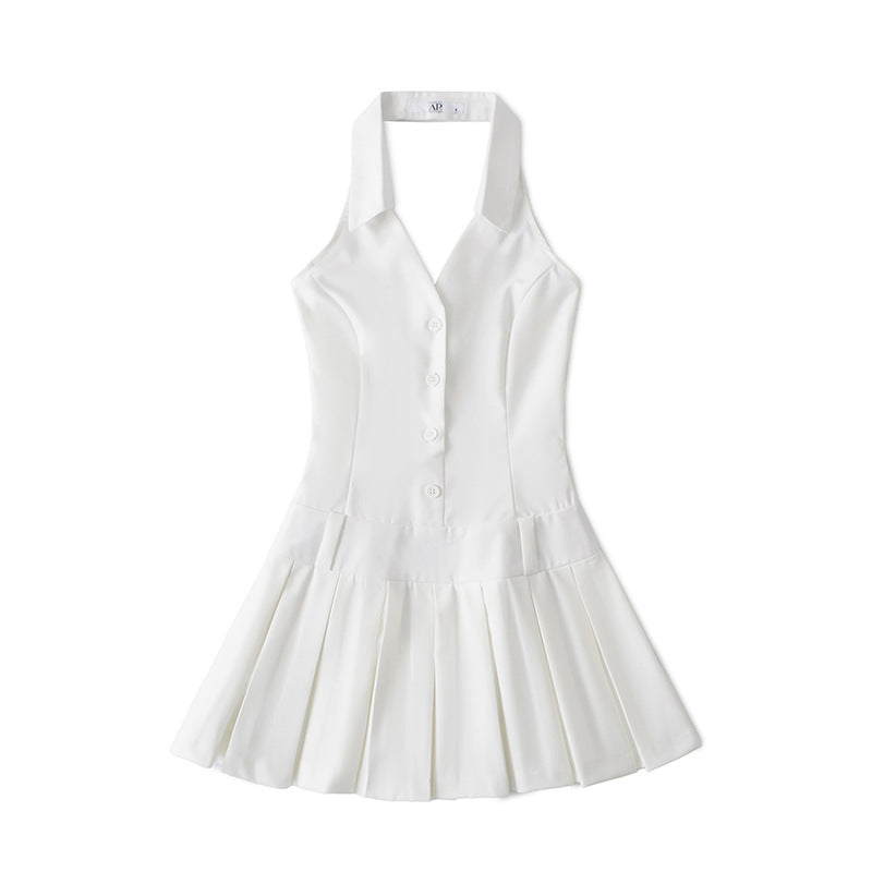 V-Neck Halter Waist-Cinching French Pleated Dress