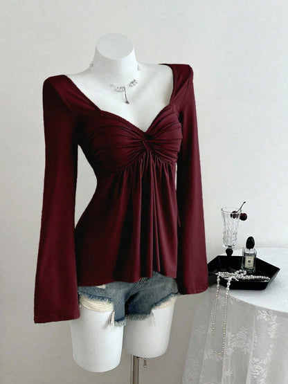 V-neck long-sleeve elegant T-shirt