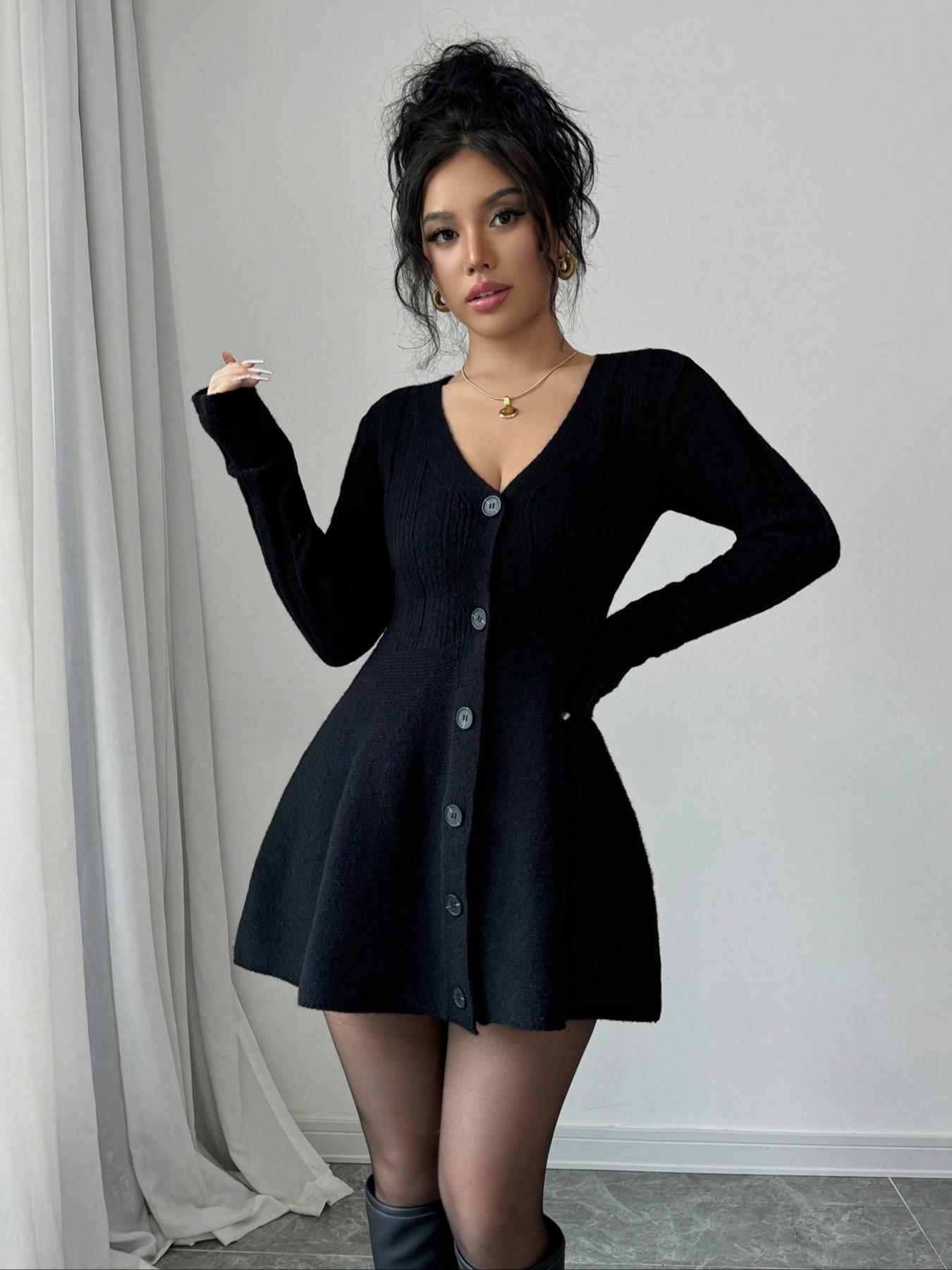 V Neck Long Sleeve Knitted Dress