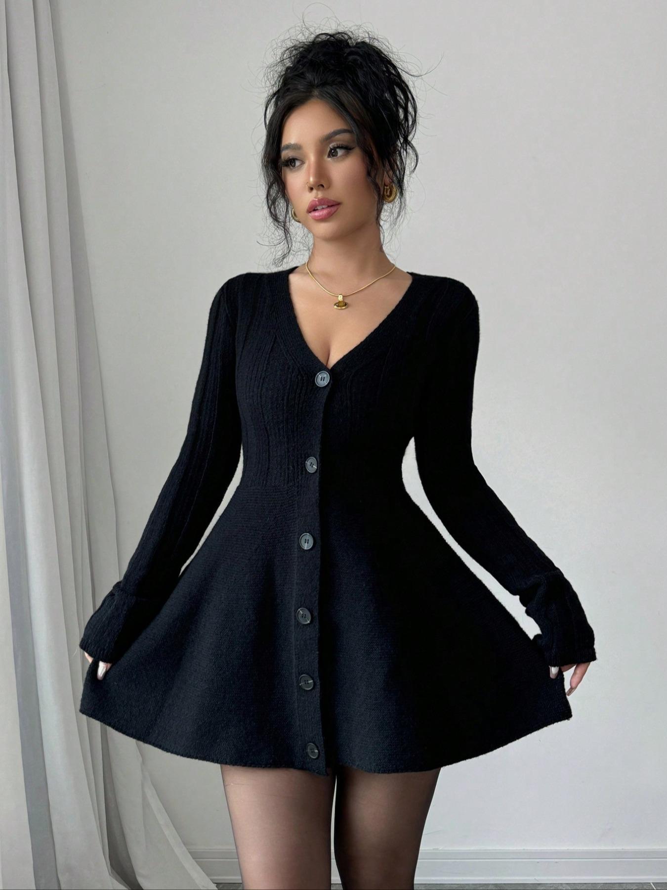 V Neck Long Sleeve Knitted Dress