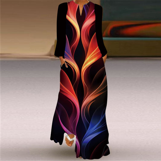 V-Neck Long Sleeve Pocket Printed Loose dress