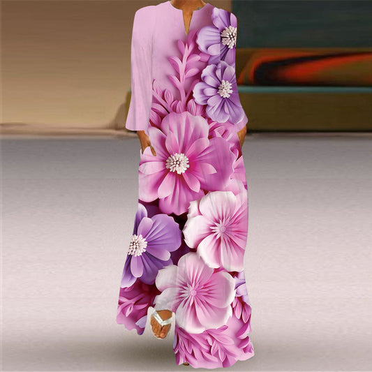 V-Neck Long Sleeve Pocket Printed Loose dress