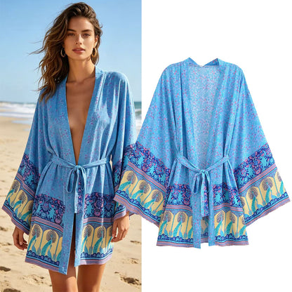 V-neck long-sleeved open-front kimono-style jacket