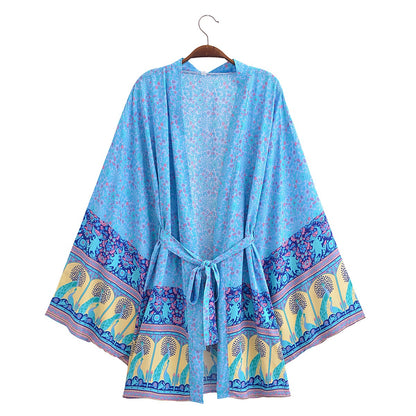 V-neck long-sleeved open-front kimono-style jacket