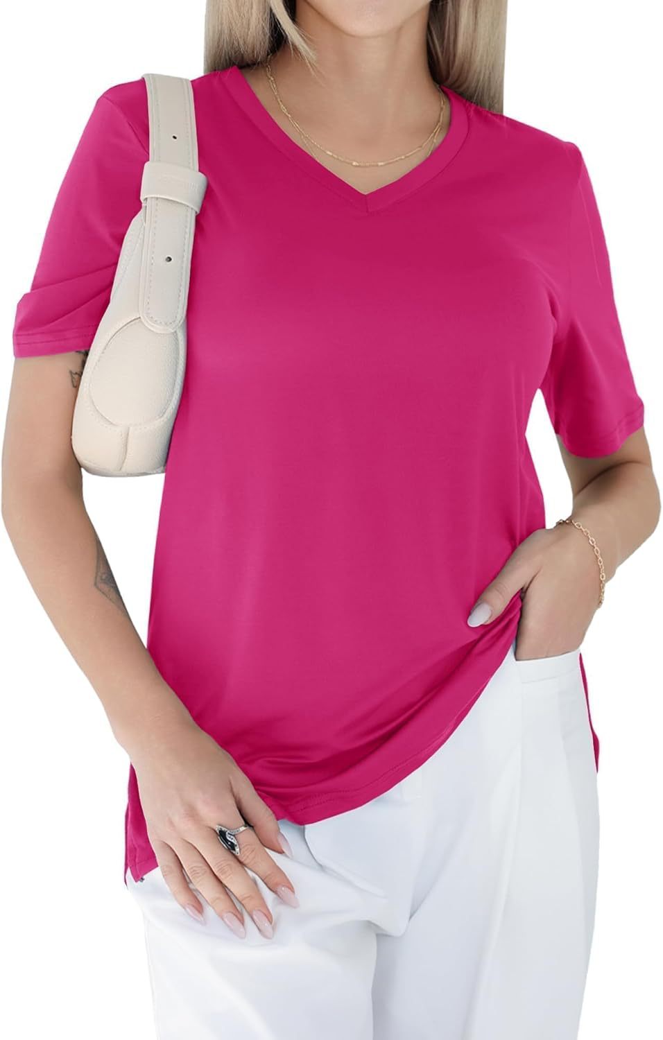 V-neck loose, straight-shoulder short-sleeved T-shirt