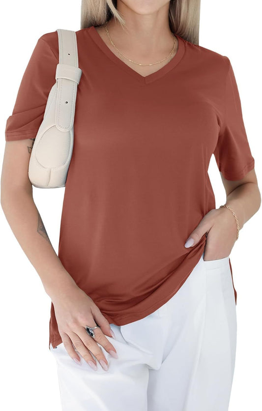 V-neck loose, straight-shoulder short-sleeved T-shirt