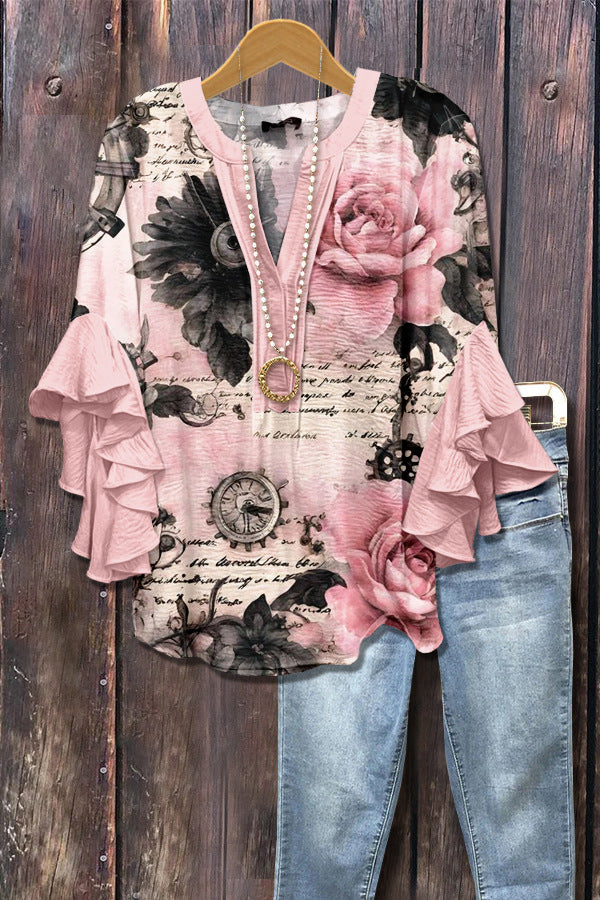 V Neck Lotus Edge T-Shirt for Women