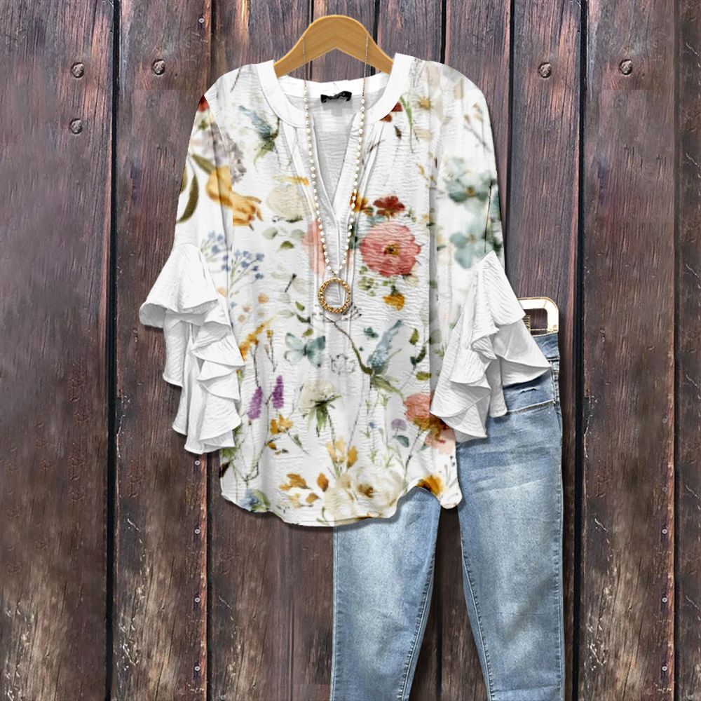 V Neck Lotus Edge T-Shirt for Women