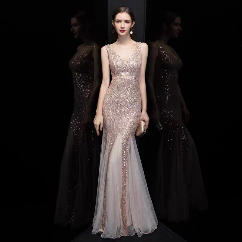 V-neck mermaid sequined dress length skirt