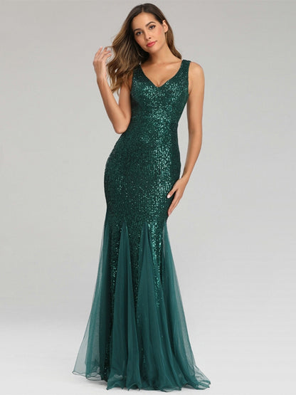 V-neck mermaid sequined dress length skirt