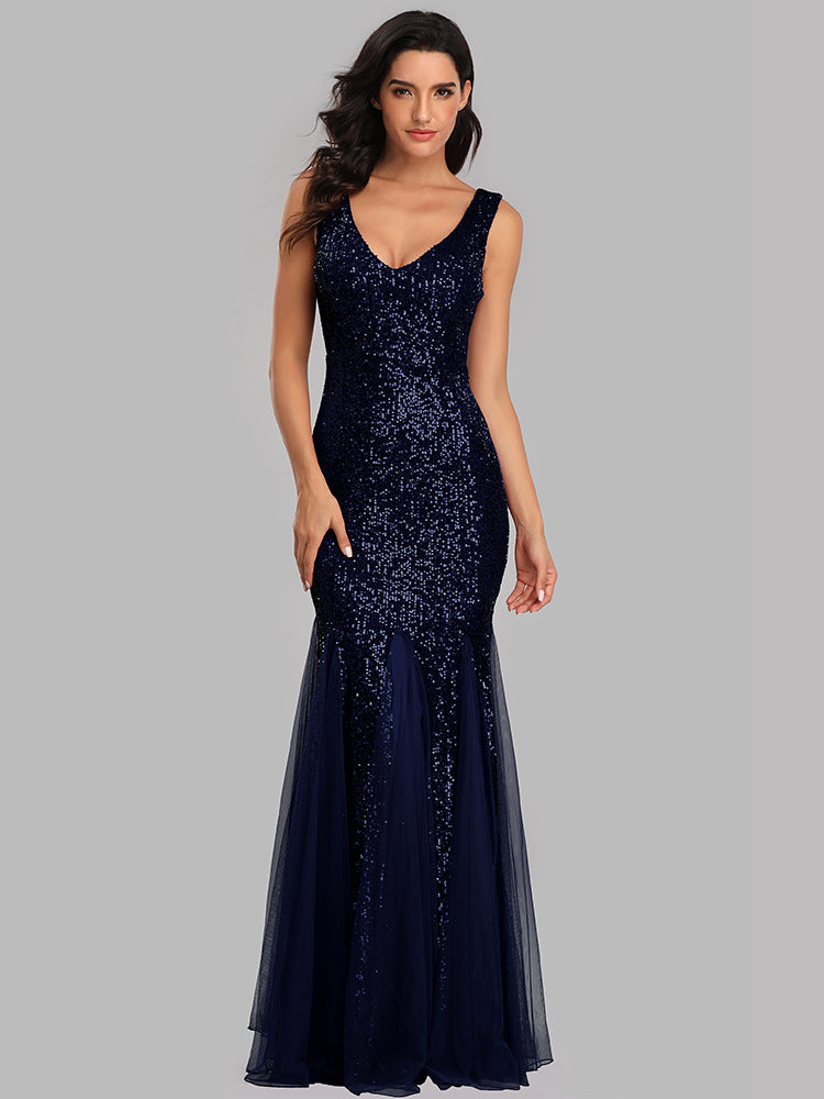 V-neck mermaid sequined dress length skirt
