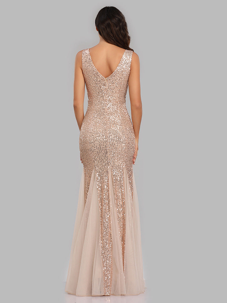V-neck mermaid sequined dress length skirt