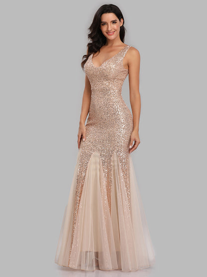 V-neck mermaid sequined dress length skirt