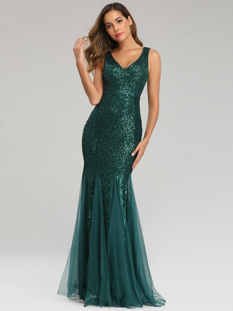 V-neck mermaid sequined dress length skirt