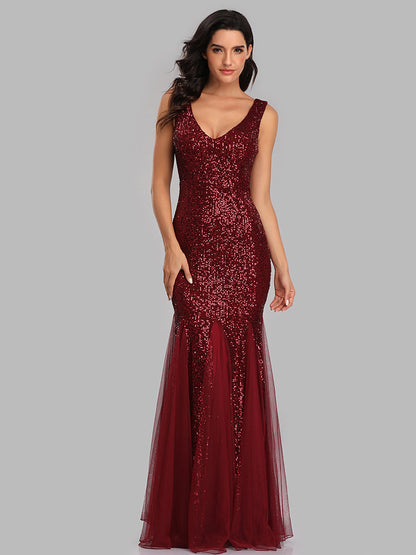 V-neck mermaid sequined dress length skirt