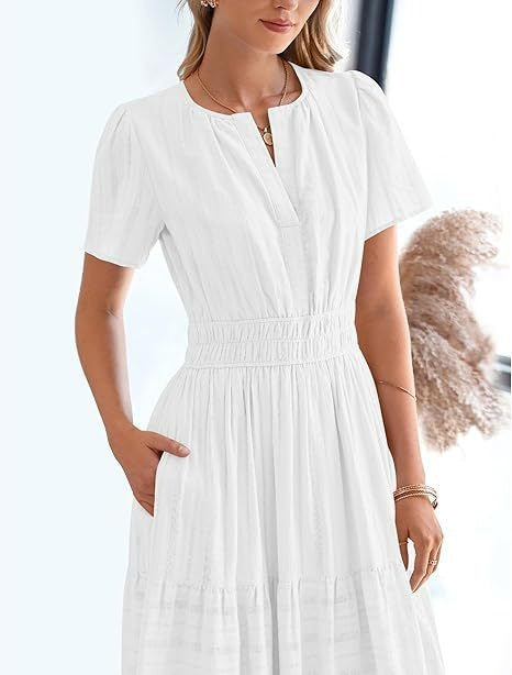 V-neck pleated puffed-sleeve maxi dress