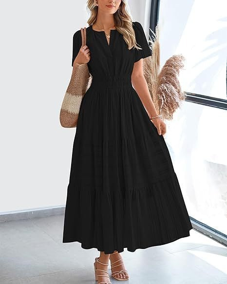 V-neck pleated puffed-sleeve maxi dress