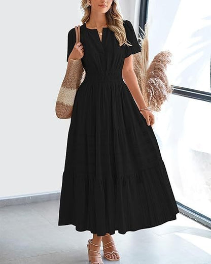 V-neck pleated puffed-sleeve maxi dress