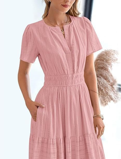 V-neck pleated puffed-sleeve maxi dress