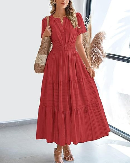 V-neck pleated puffed-sleeve maxi dress