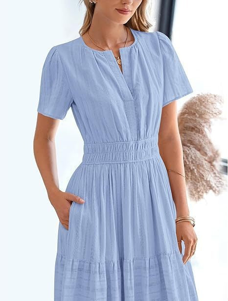 V-neck pleated puffed-sleeve maxi dress