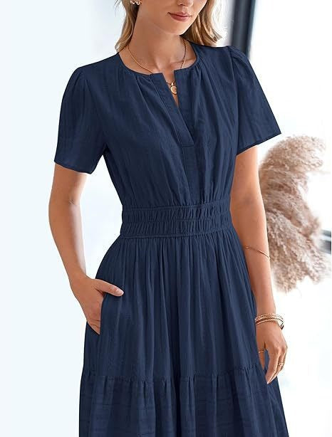 V-neck pleated puffed-sleeve maxi dress