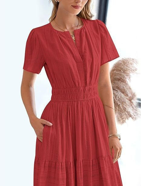 V-neck pleated puffed-sleeve maxi dress
