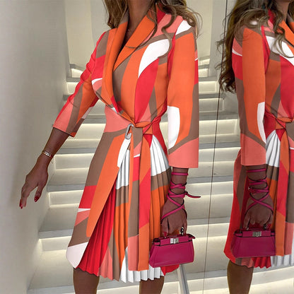 V-neck Pleated Tie Waist Dress