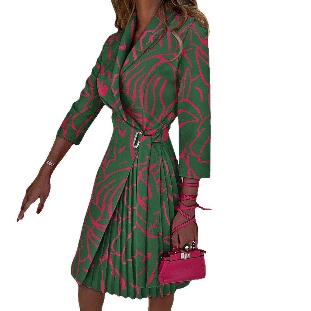 V-neck Pleated Tie Waist Dress