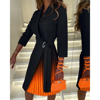 V-neck Pleated Waist Tie Dress