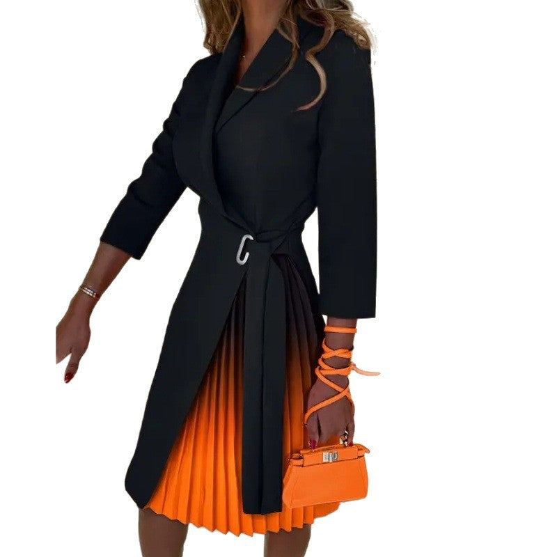V-neck Pleated Waist Tie Dress