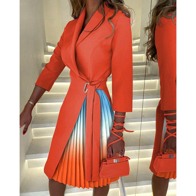 V-neck Pleated Waist Tie Dress