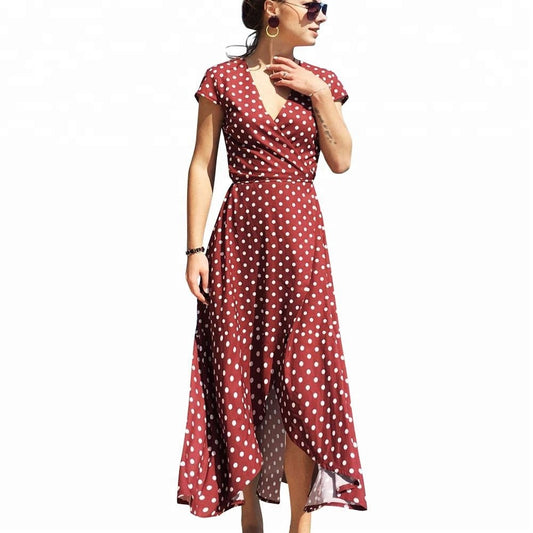 V-neck polka dot chiffon dress, slit beach long dress