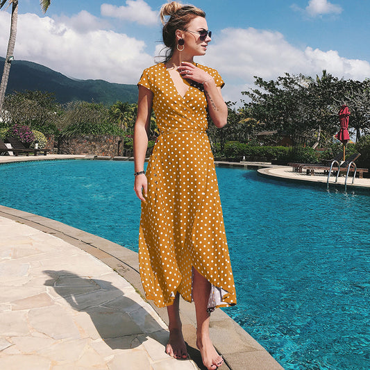 V-neck polka dot chiffon dress, slit beach long dress