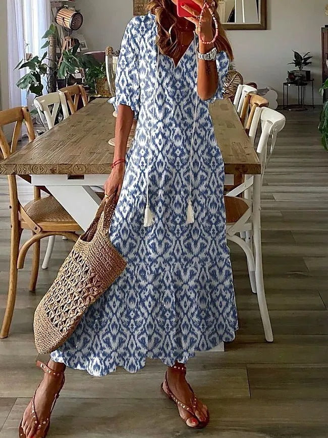 V-neck printed long-sleeved dress with cap sleeves