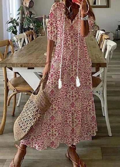 V-neck printed long-sleeved dress with cap sleeves