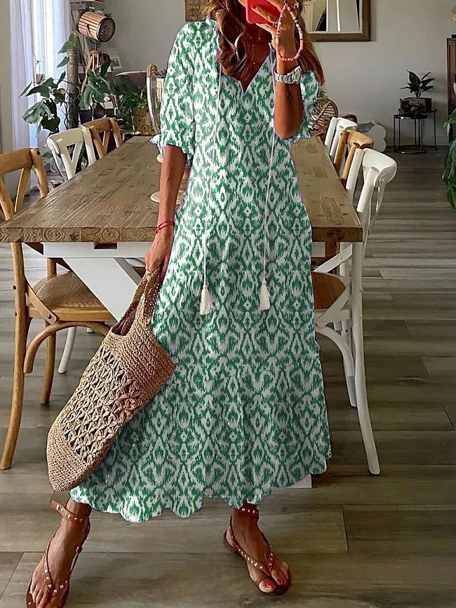 V-neck printed long-sleeved dress with cap sleeves
