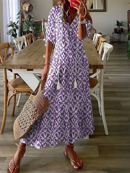 V-neck printed long-sleeved dress with cap sleeves