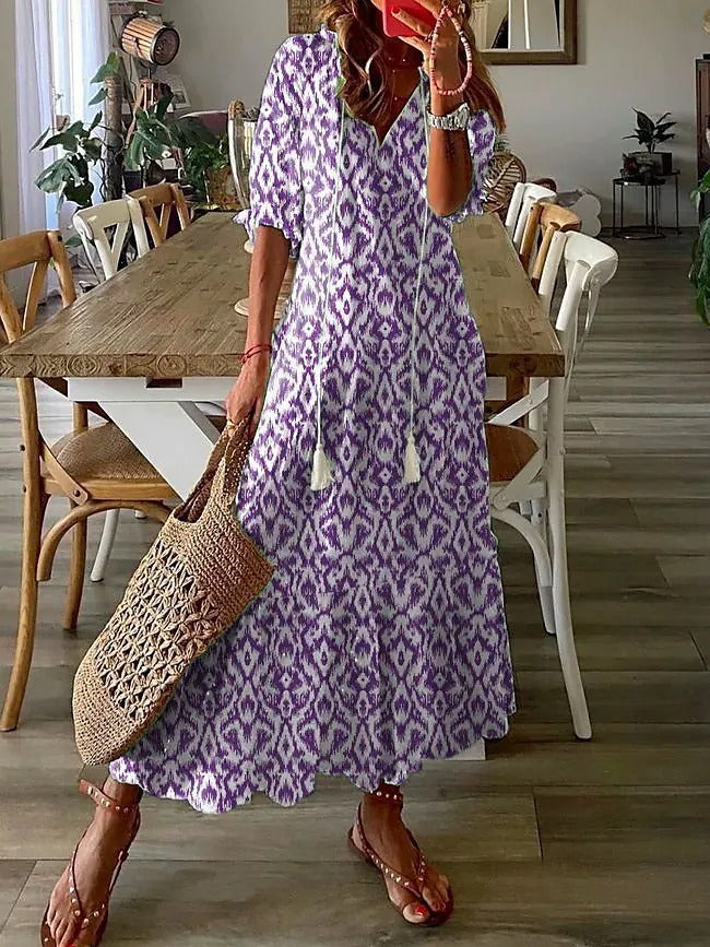 V-neck printed long-sleeved dress with cap sleeves